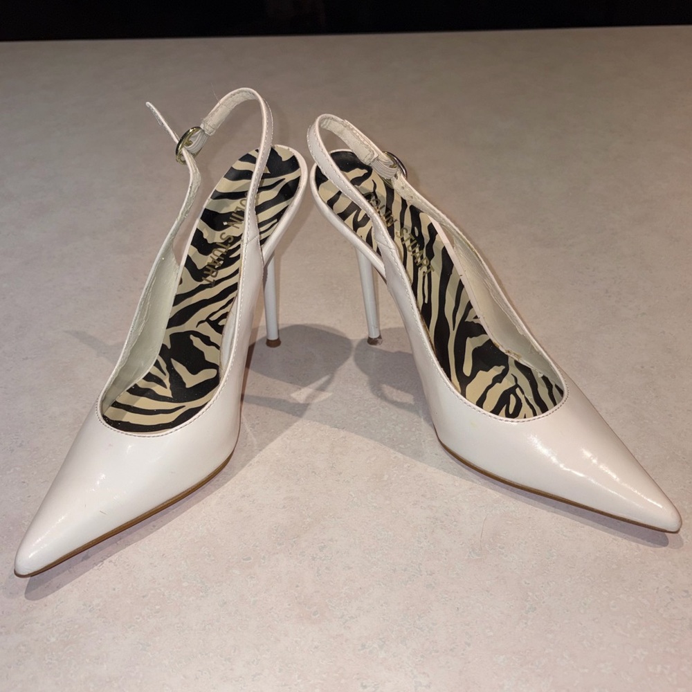 Colin Stuart White Pointed Toe Sling Back Stiletto Heels with Pink Bottoms